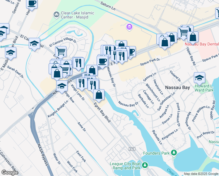 map of restaurants, bars, coffee shops, grocery stores, and more near 18100 Nassau Bay Drive in Houston