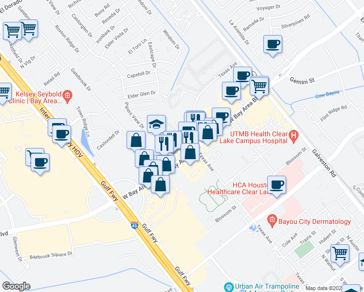 map of restaurants, bars, coffee shops, grocery stores, and more near 820 Bay Area Boulevard in Webster