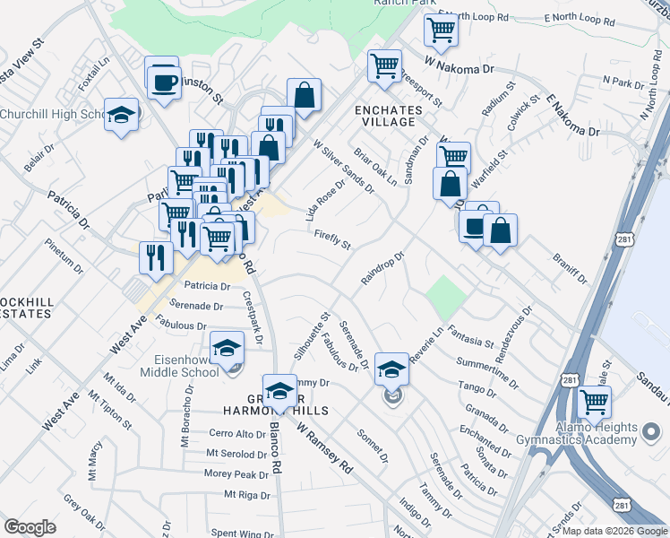map of restaurants, bars, coffee shops, grocery stores, and more near 11402 Sandman Drive in San Antonio