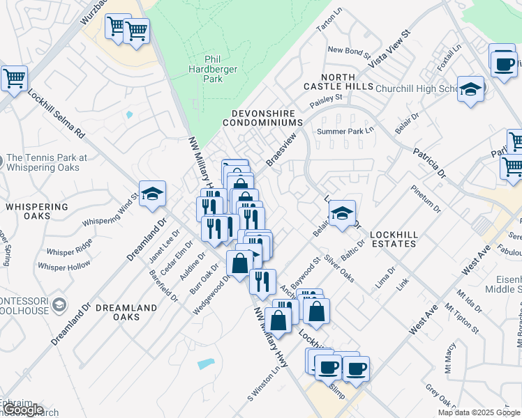 map of restaurants, bars, coffee shops, grocery stores, and more near 2126 Bedford Stage in San Antonio