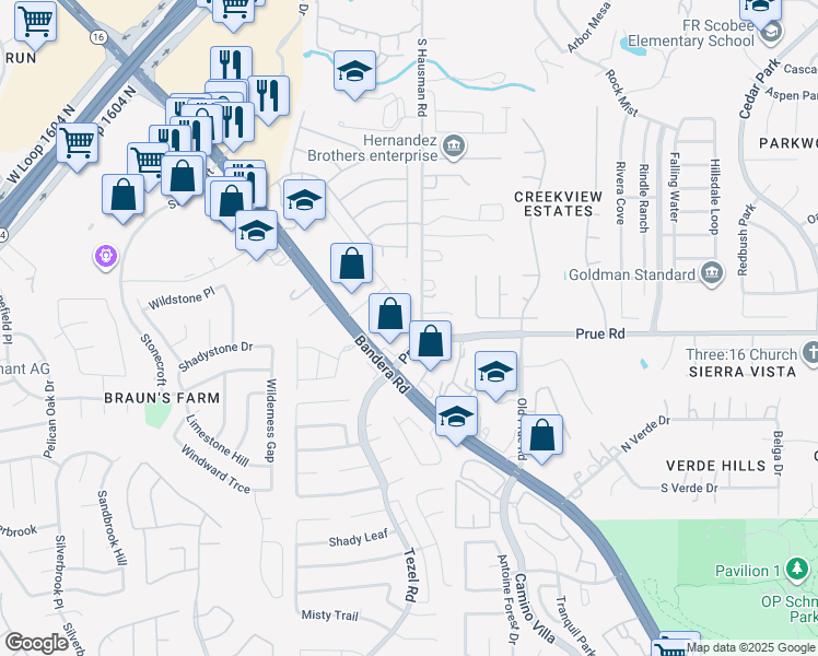 map of restaurants, bars, coffee shops, grocery stores, and more near 8511 Prue Road in San Antonio