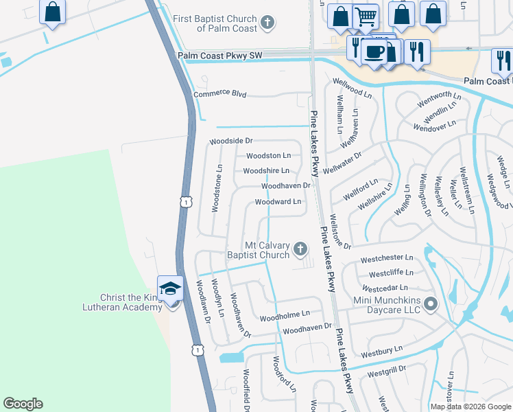 map of restaurants, bars, coffee shops, grocery stores, and more near 37 Woodworth Drive in Palm Coast