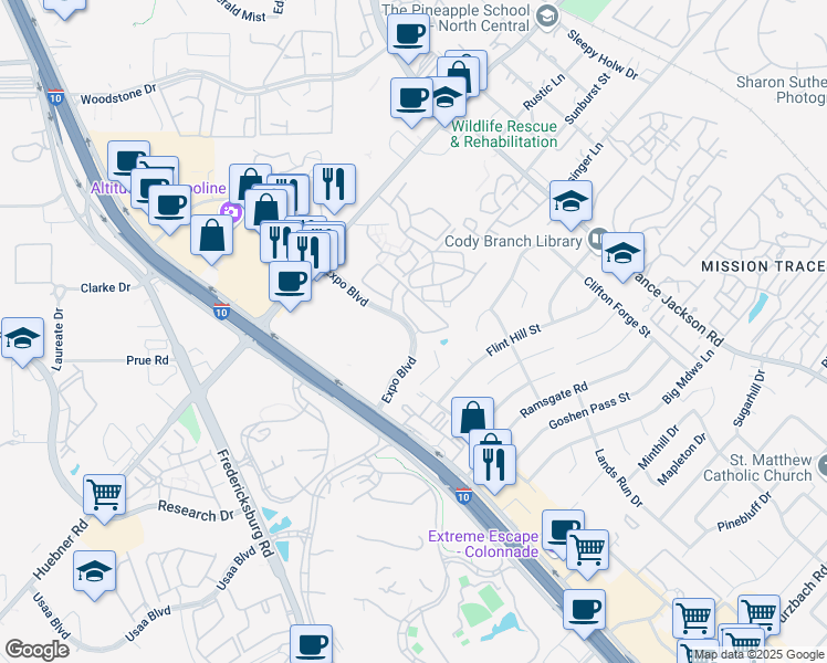 map of restaurants, bars, coffee shops, grocery stores, and more near 11340 Expo Boulevard in San Antonio