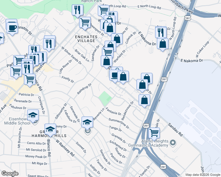 map of restaurants, bars, coffee shops, grocery stores, and more near 230 West Silver Sands Drive in San Antonio