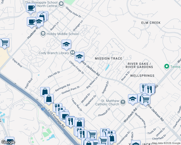 map of restaurants, bars, coffee shops, grocery stores, and more near 11303 Vance Jackson Road in San Antonio