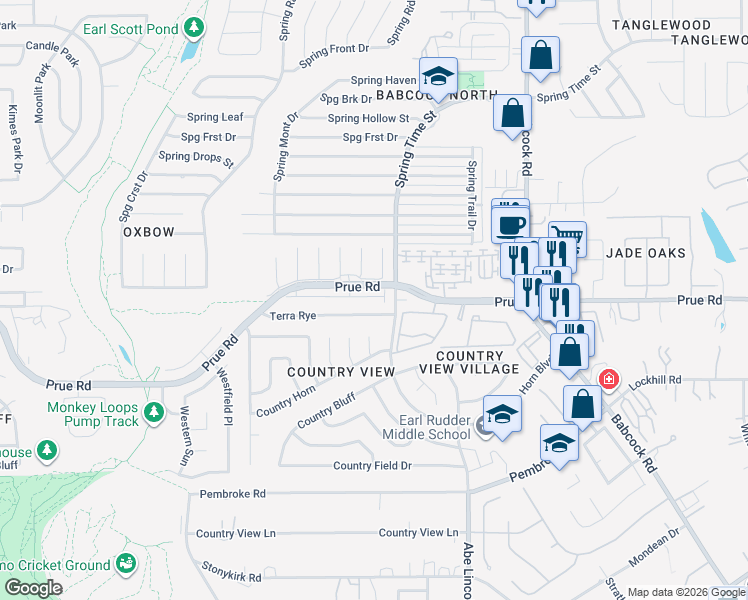 map of restaurants, bars, coffee shops, grocery stores, and more near 6728 Terra Rye in San Antonio