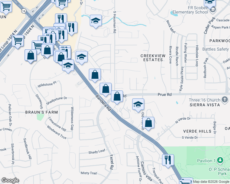map of restaurants, bars, coffee shops, grocery stores, and more near 10796 South Hausman Road in San Antonio