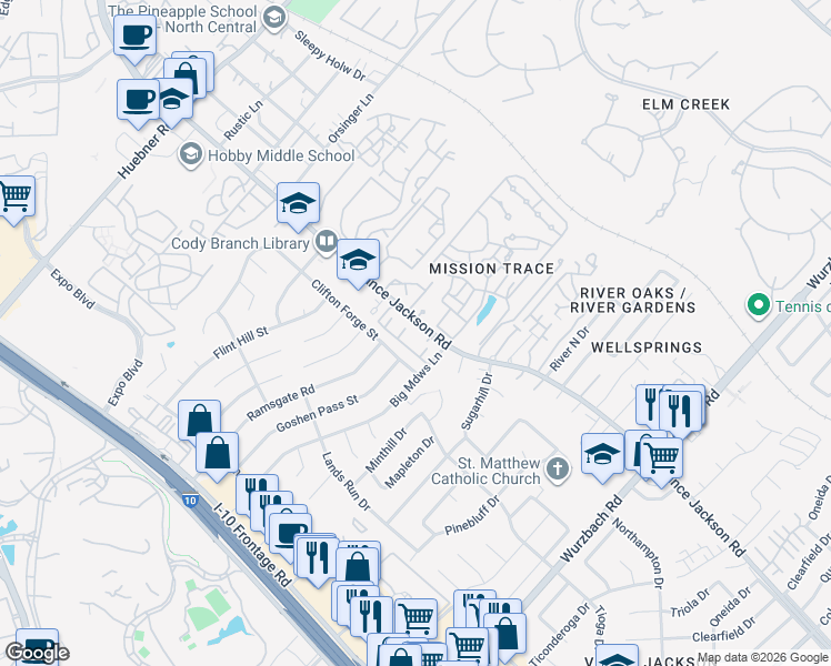 map of restaurants, bars, coffee shops, grocery stores, and more near 11303 Vance Jackson Road in San Antonio