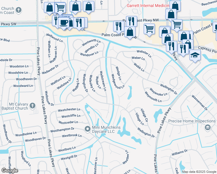 map of restaurants, bars, coffee shops, grocery stores, and more near 71 Wellstream Lane in Palm Coast