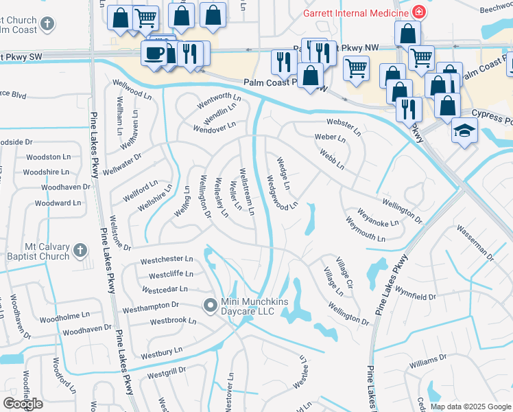 map of restaurants, bars, coffee shops, grocery stores, and more near 71 Wellstream Lane in Palm Coast