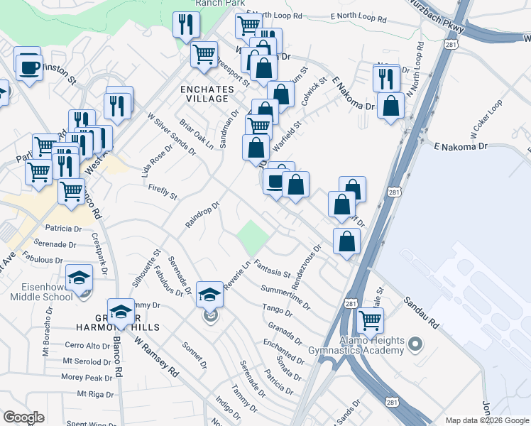 map of restaurants, bars, coffee shops, grocery stores, and more near 230 West Silver Sands Drive in San Antonio