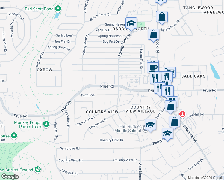 map of restaurants, bars, coffee shops, grocery stores, and more near 6728 Terra Rye in San Antonio