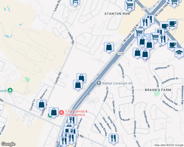 map of restaurants, bars, coffee shops, grocery stores, and more near 10865 West Loop 1604 North in San Antonio