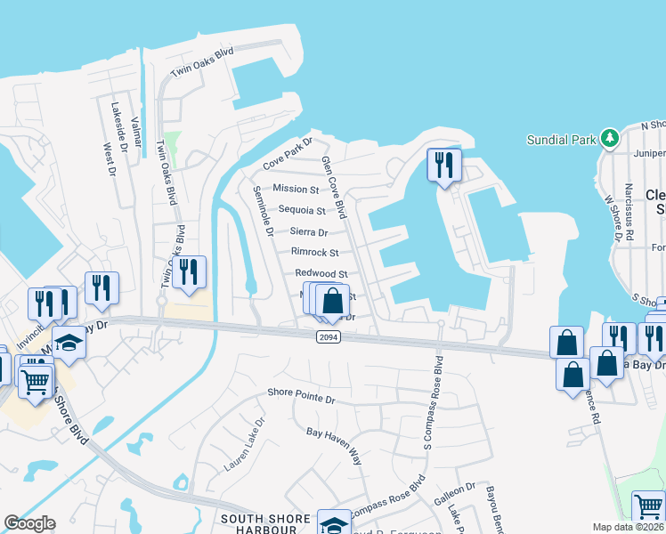 map of restaurants, bars, coffee shops, grocery stores, and more near 2103 Redwood Street in Kemah