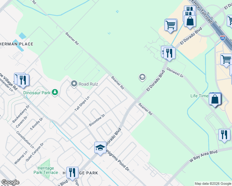 map of restaurants, bars, coffee shops, grocery stores, and more near 16727 Barkentine Lane in Friendswood