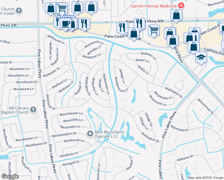 map of restaurants, bars, coffee shops, grocery stores, and more near 71 Wellstream Lane in Palm Coast