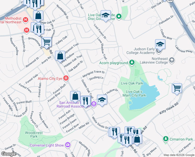 map of restaurants, bars, coffee shops, grocery stores, and more near 11509 Lone Shadow Trail in Live Oak