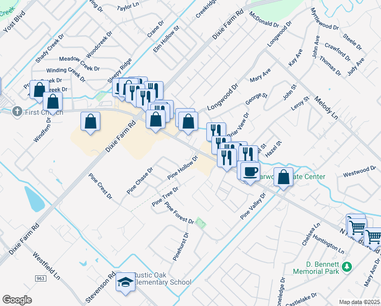 map of restaurants, bars, coffee shops, grocery stores, and more near 1346 East Broadway Street in Pearland