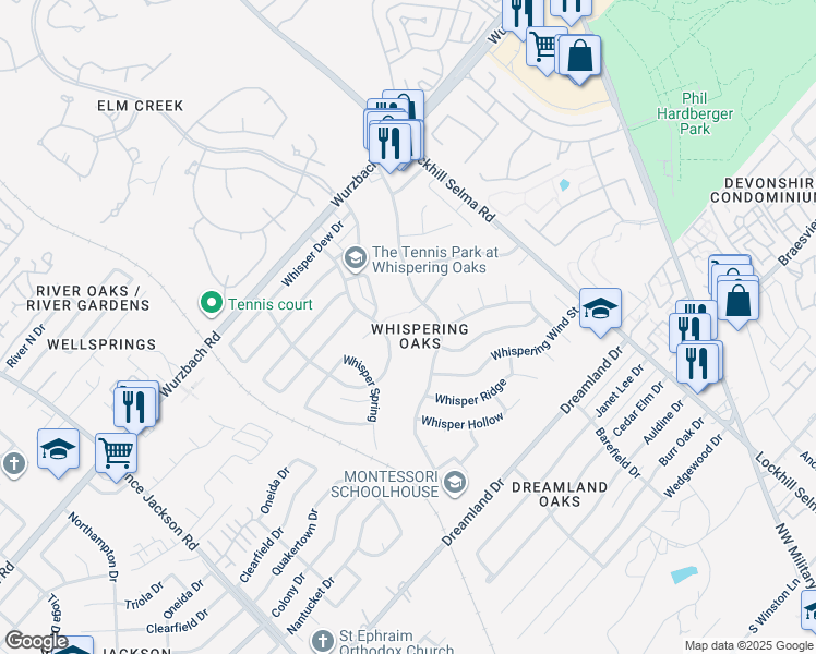 map of restaurants, bars, coffee shops, grocery stores, and more near 11403 Whisper Valley Street in San Antonio
