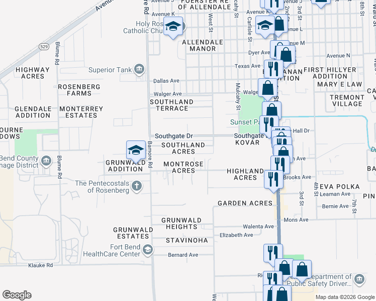 map of restaurants, bars, coffee shops, grocery stores, and more near 1111 Magnolia Drive in Rosenberg