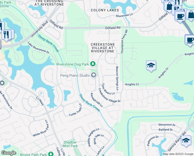 map of restaurants, bars, coffee shops, grocery stores, and more near 5438 Creekstone Village Drive in Sugar Land