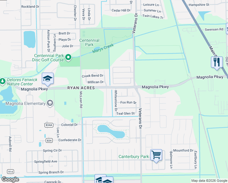 map of restaurants, bars, coffee shops, grocery stores, and more near 3434 West Magnolia Elms Drive in Pearland
