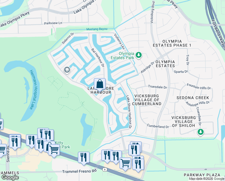 map of restaurants, bars, coffee shops, grocery stores, and more near 2839 Lake Villa Drive in Missouri City