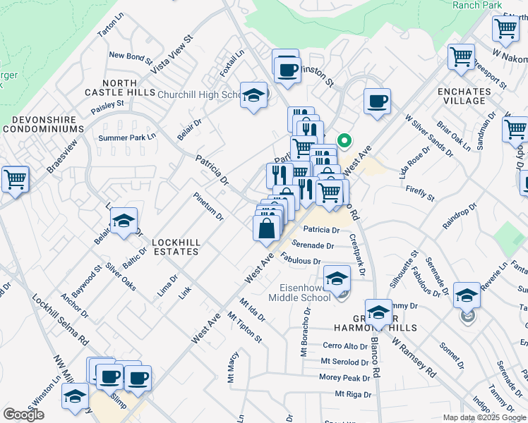 map of restaurants, bars, coffee shops, grocery stores, and more near 1100 Patricia Drive in San Antonio