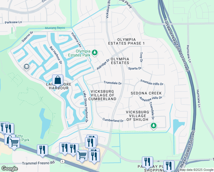 map of restaurants, bars, coffee shops, grocery stores, and more near 3538 Truesdale Drive in Missouri City