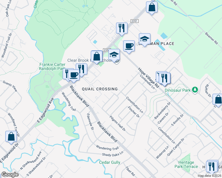 map of restaurants, bars, coffee shops, grocery stores, and more near 15502 Constitution Lane in Friendswood