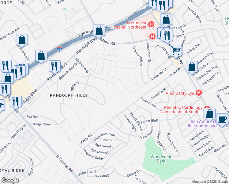 map of restaurants, bars, coffee shops, grocery stores, and more near 11747 Seiffert in Live Oak