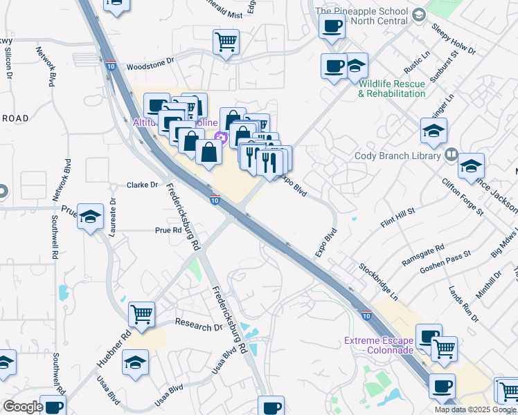map of restaurants, bars, coffee shops, grocery stores, and more near in San Antonio