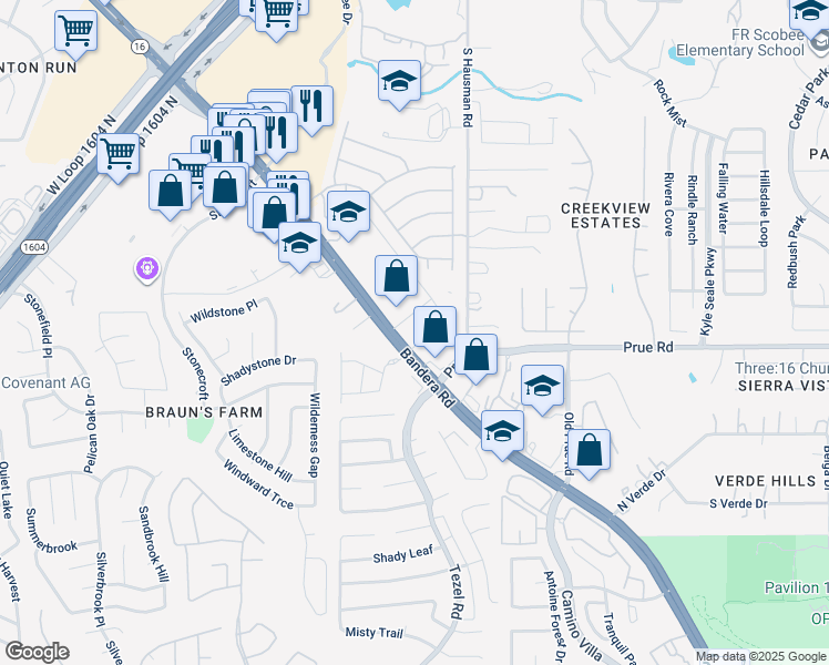map of restaurants, bars, coffee shops, grocery stores, and more near 10953 Biering Lane in San Antonio