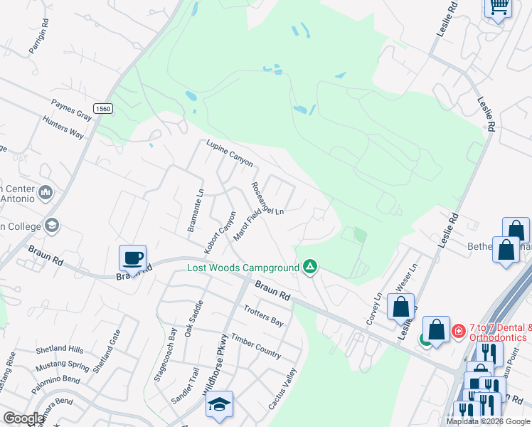 map of restaurants, bars, coffee shops, grocery stores, and more near 10246 Roseangel Lane in Helotes