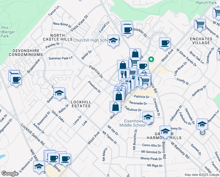 map of restaurants, bars, coffee shops, grocery stores, and more near 1100 Patricia in San Antonio