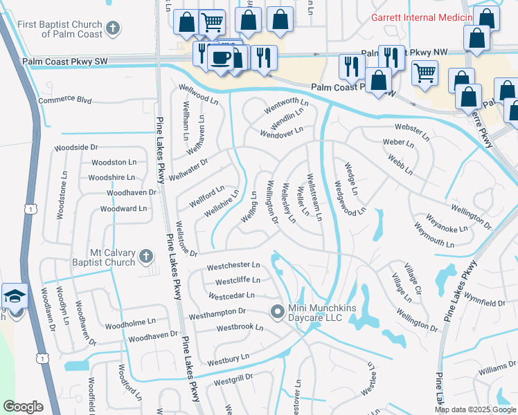 map of restaurants, bars, coffee shops, grocery stores, and more near 32-36 Welling Lane in Palm Coast