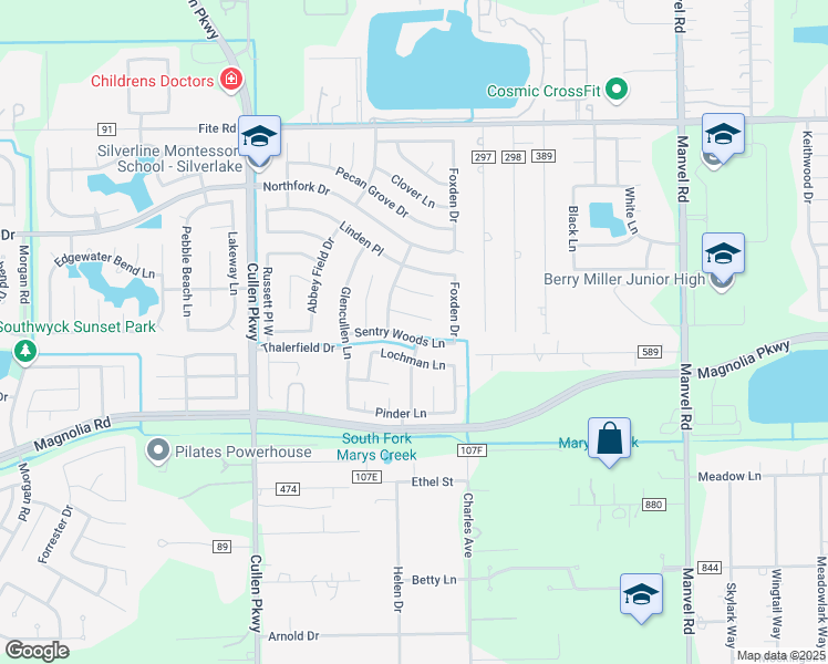 map of restaurants, bars, coffee shops, grocery stores, and more near 4931 Sentry Woods Lane in Pearland