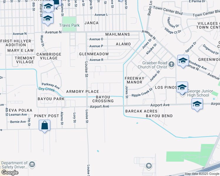 map of restaurants, bars, coffee shops, grocery stores, and more near 2119 Moss Bluff Lane in Rosenberg