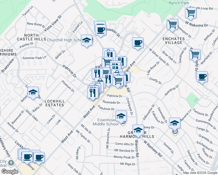 map of restaurants, bars, coffee shops, grocery stores, and more near 9542 West Avenue in San Antonio