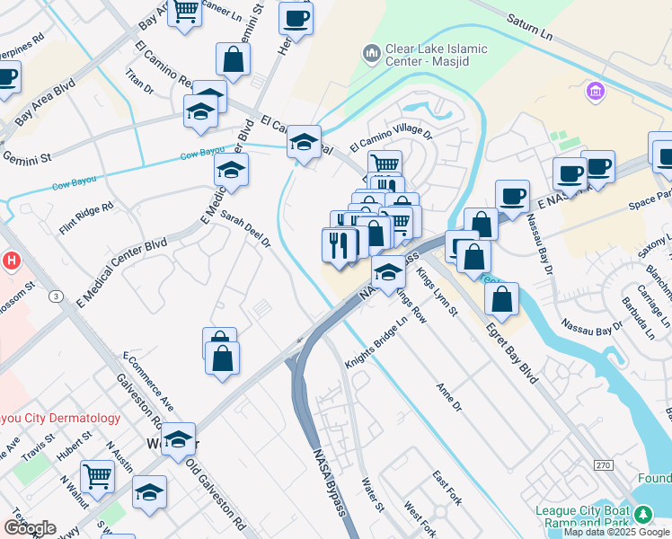 map of restaurants, bars, coffee shops, grocery stores, and more near 801 NASA Road 1 in Houston
