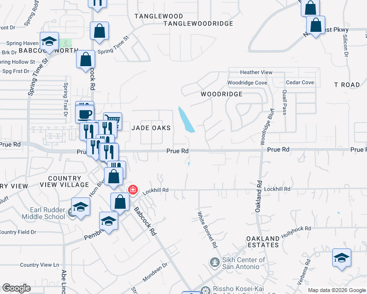 map of restaurants, bars, coffee shops, grocery stores, and more near 6307 Jade Glen in San Antonio