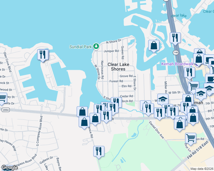 map of restaurants, bars, coffee shops, grocery stores, and more near 1110 Forest Road in Kemah
