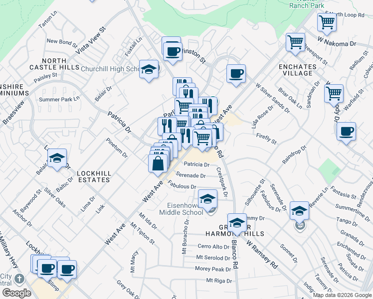 map of restaurants, bars, coffee shops, grocery stores, and more near 11533 West Avenue in San Antonio