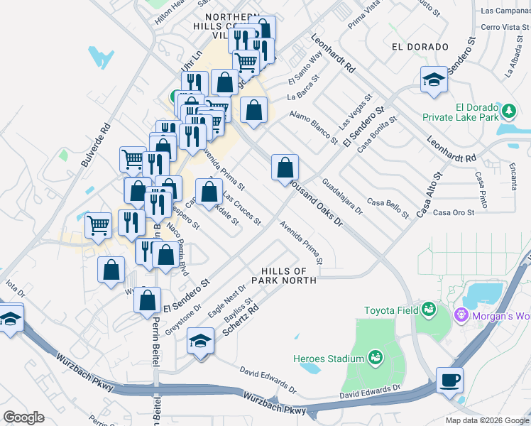 map of restaurants, bars, coffee shops, grocery stores, and more near 4419 Avenida Prima Street in San Antonio