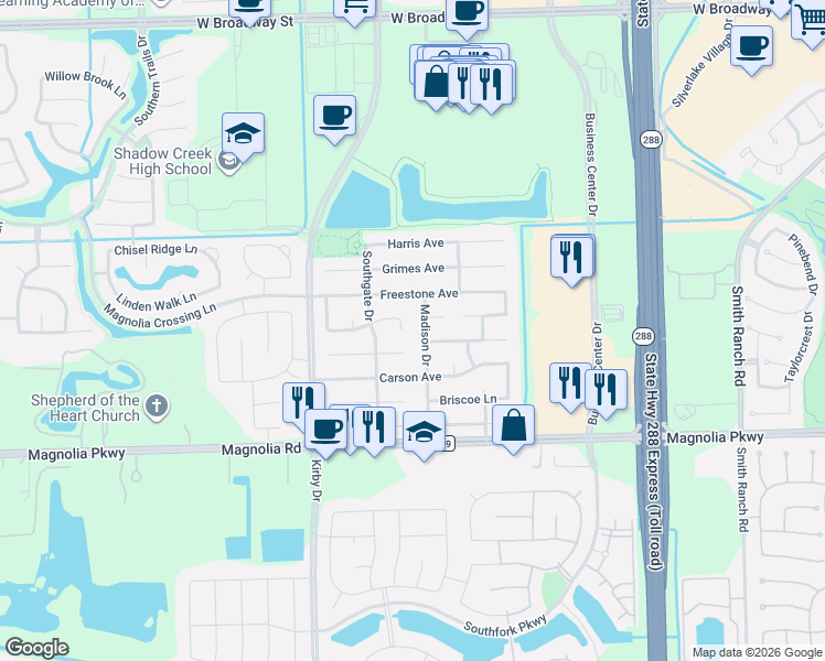 map of restaurants, bars, coffee shops, grocery stores, and more near 3403 Kleberg Court in Pearland