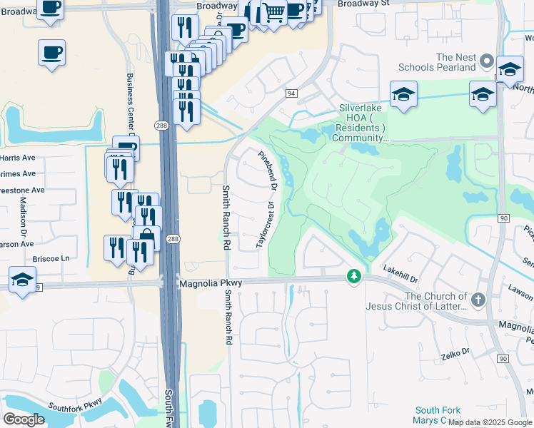 map of restaurants, bars, coffee shops, grocery stores, and more near 2634 Landera Court in Pearland