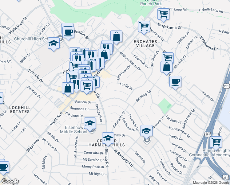 map of restaurants, bars, coffee shops, grocery stores, and more near 731 Susie Court in San Antonio