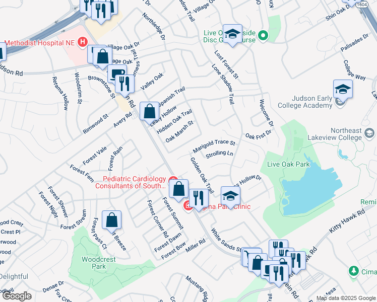 map of restaurants, bars, coffee shops, grocery stores, and more near 7642 Antique Oak Street in Live Oak