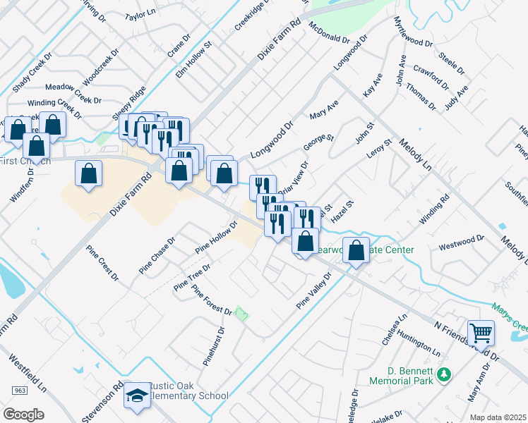 map of restaurants, bars, coffee shops, grocery stores, and more near 1329 Broadway Street in Pearland