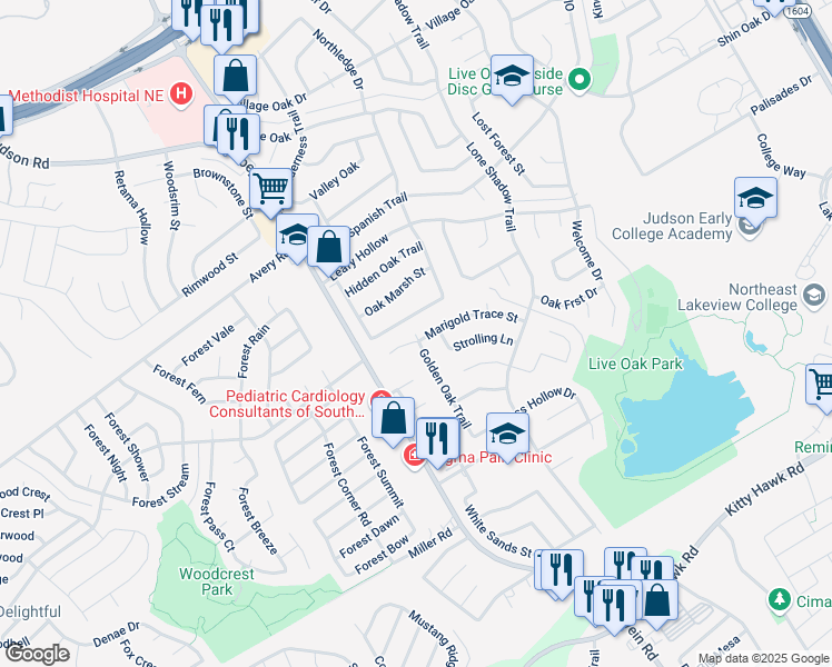 map of restaurants, bars, coffee shops, grocery stores, and more near 7642 Antique Oak Street in Live Oak